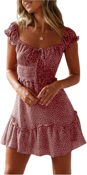 SOMTHRON Women's Summer Sweetheart Neckline Mini Dress Ruffle Short Sleeve Smocked Floral Printing A-Line Dresses