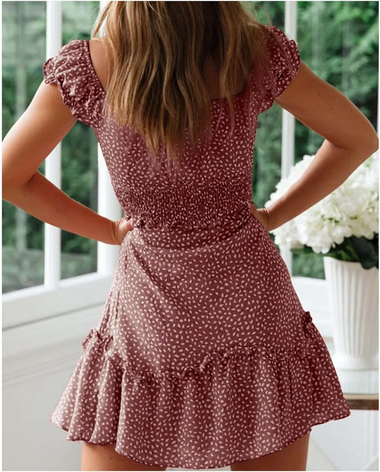 SOMTHRON Women's Summer Sweetheart Neckline Mini Dress Ruffle Short Sleeve Smocked Floral Printing A-Line Dresses