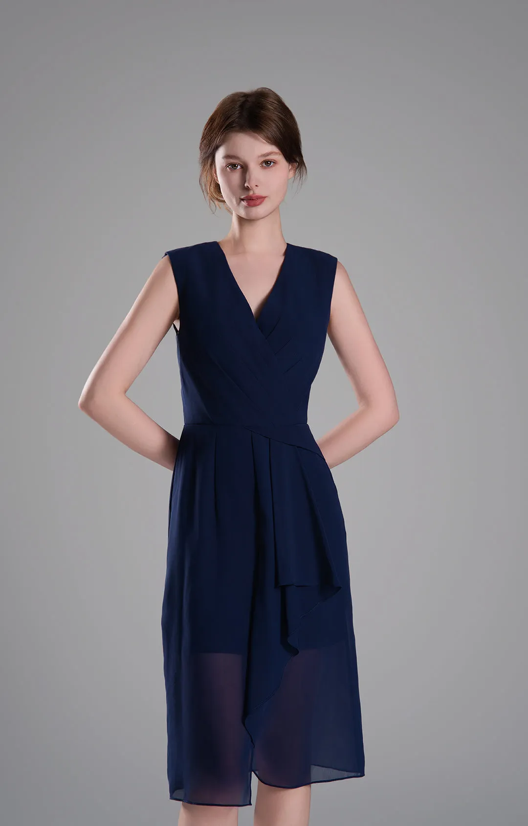 Sophisticated PleatedV-Neck Flared Hem Dress