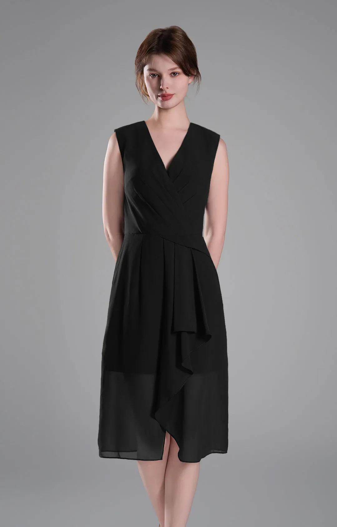 Sophisticated PleatedV-Neck Flared Hem Dress