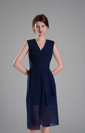 Sophisticated PleatedV-Neck Flared Hem Dress