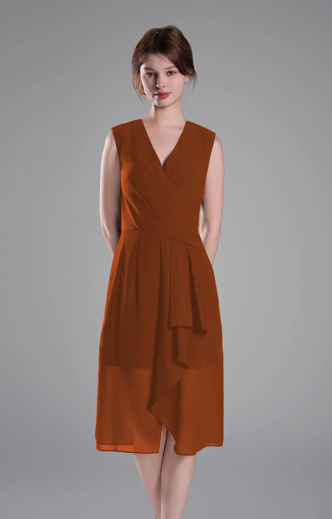 Sophisticated PleatedV-Neck Flared Hem Dress