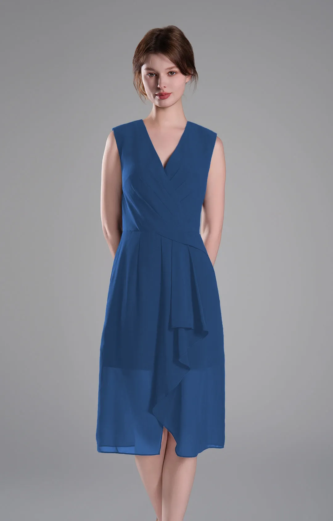 Sophisticated PleatedV-Neck Flared Hem Dress
