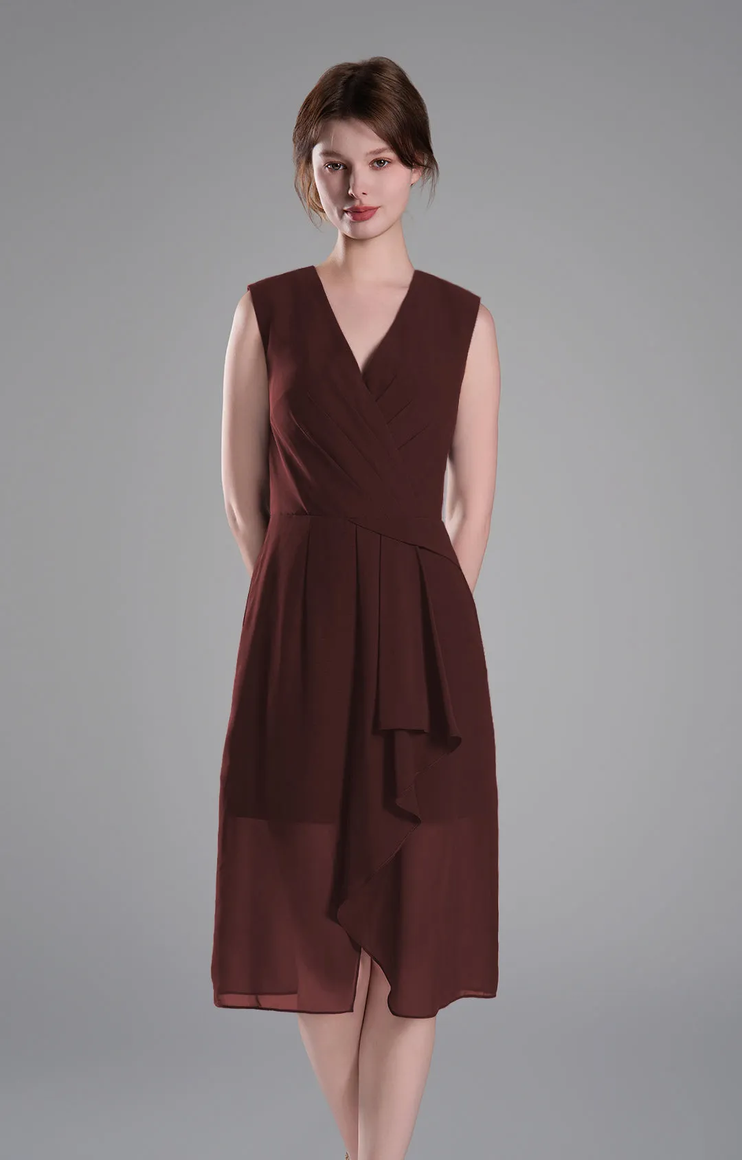 Sophisticated PleatedV-Neck Flared Hem Dress