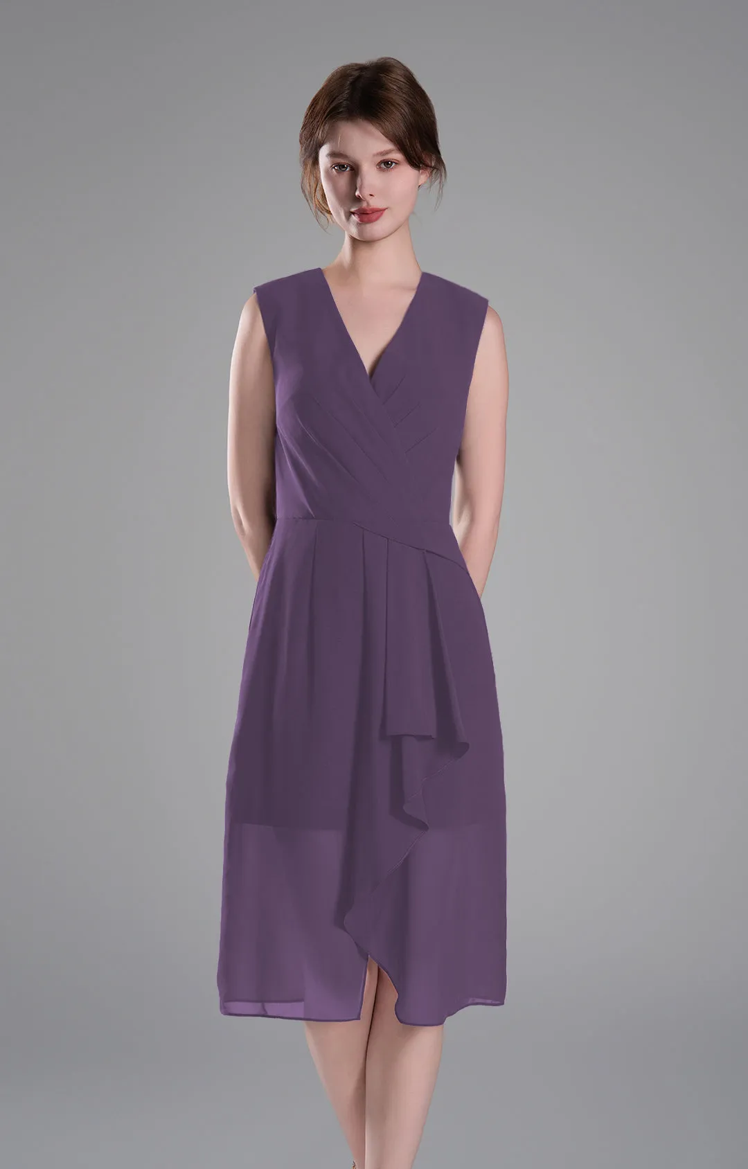 Sophisticated PleatedV-Neck Flared Hem Dress