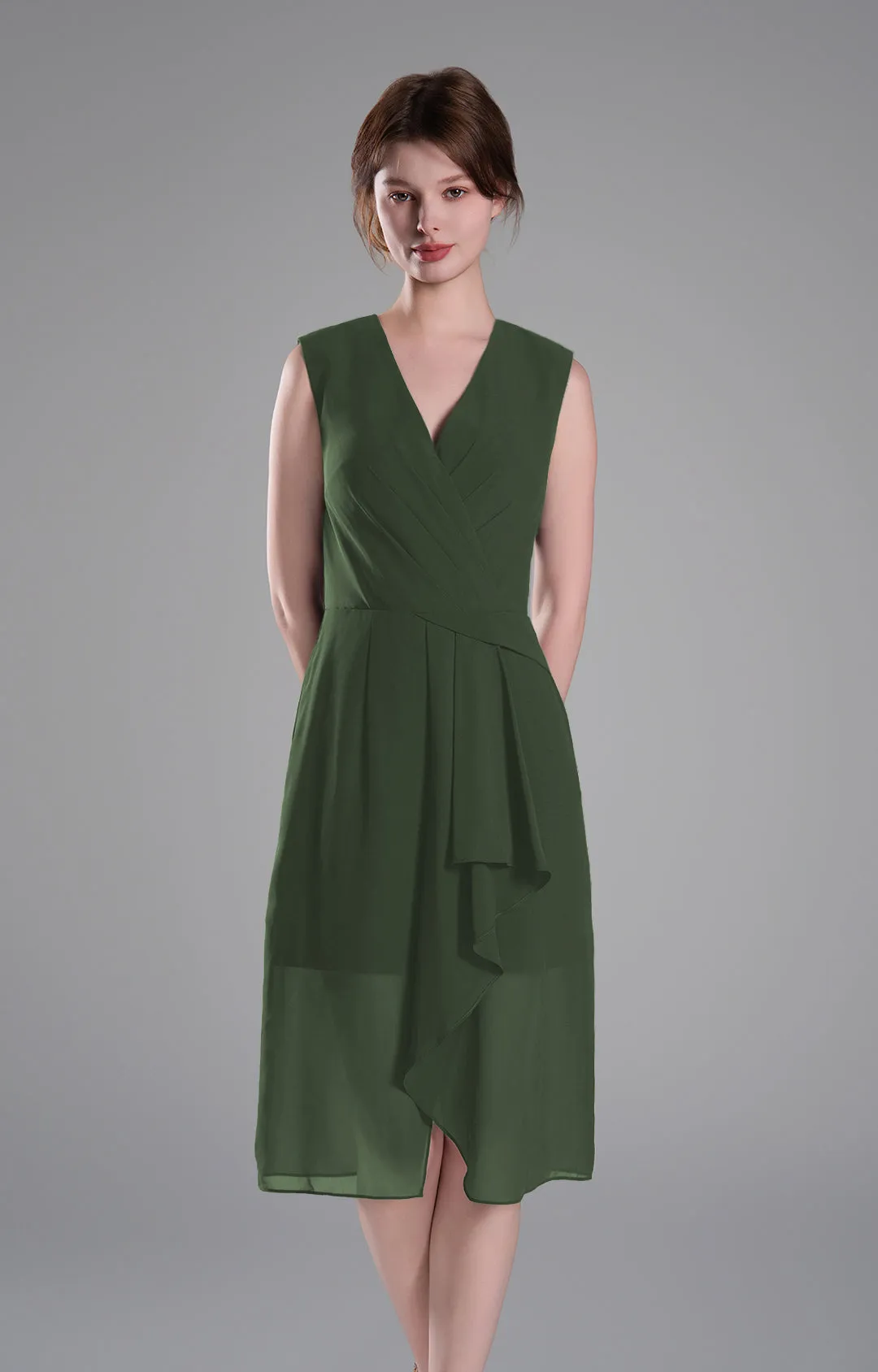 Sophisticated PleatedV-Neck Flared Hem Dress