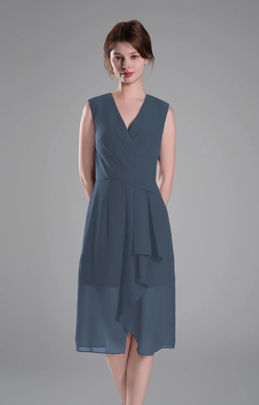 Sophisticated PleatedV-Neck Flared Hem Dress