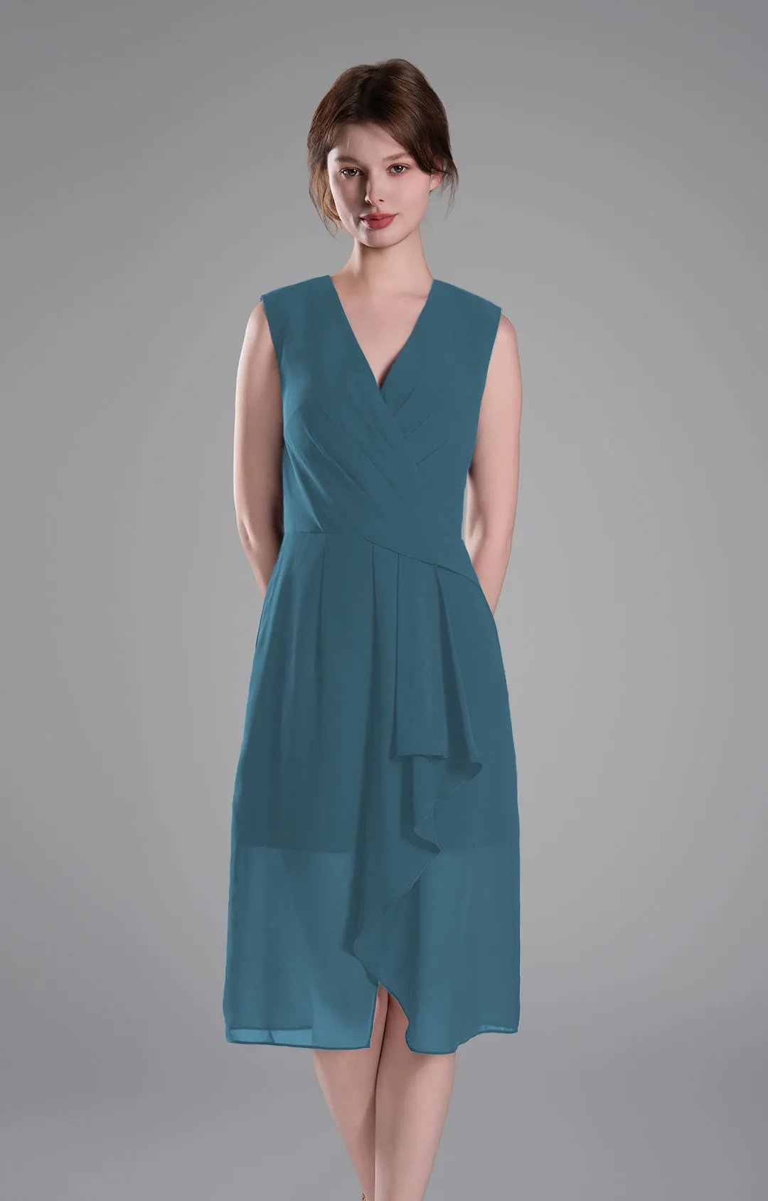 Sophisticated PleatedV-Neck Flared Hem Dress