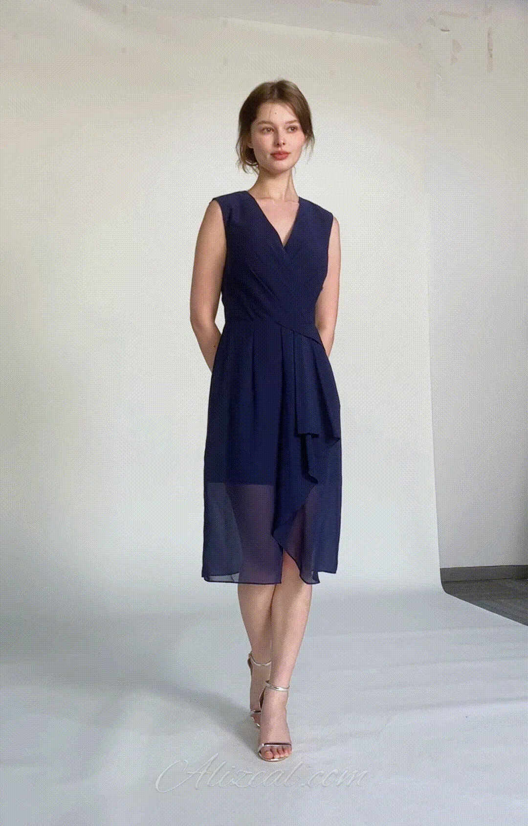 Sophisticated PleatedV-Neck Flared Hem Dress