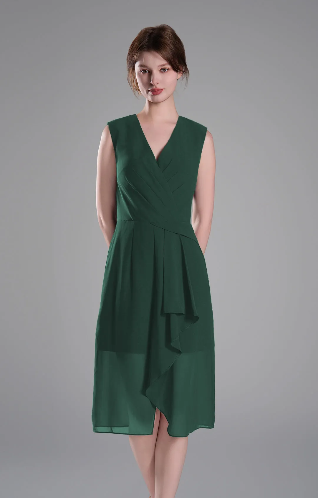 Sophisticated PleatedV-Neck Flared Hem Dress