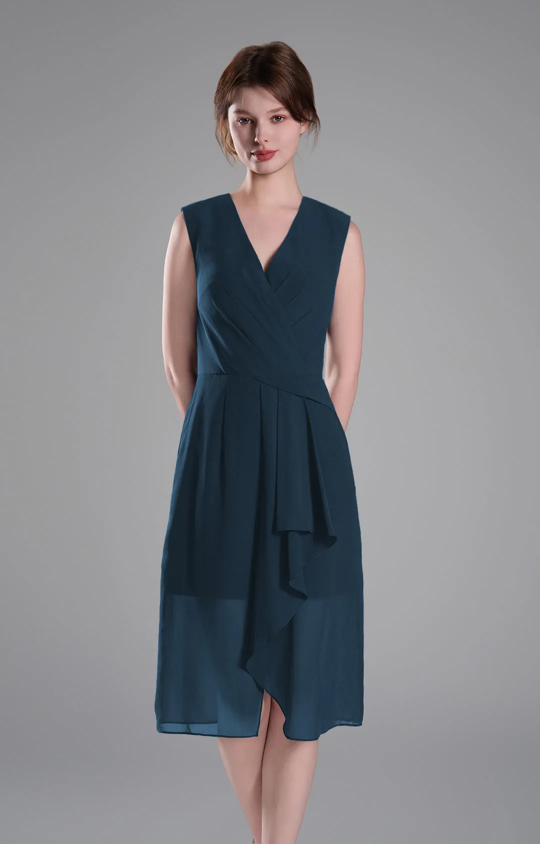 Sophisticated PleatedV-Neck Flared Hem Dress