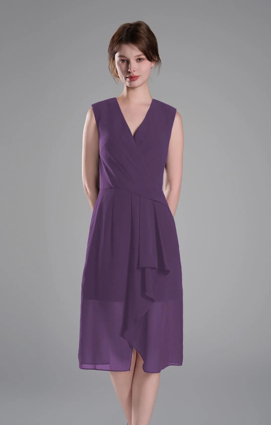 Sophisticated PleatedV-Neck Flared Hem Dress