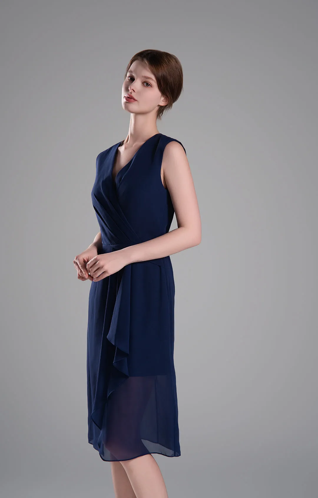 Sophisticated PleatedV-Neck Flared Hem Dress