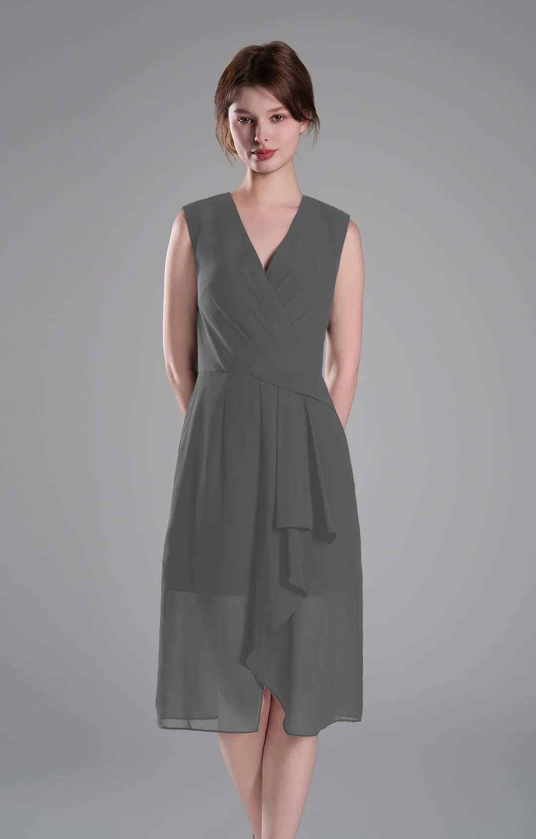 Sophisticated PleatedV-Neck Flared Hem Dress