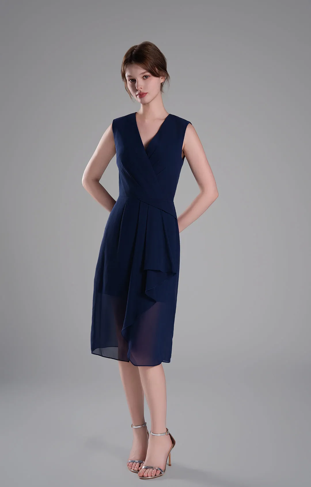 Sophisticated PleatedV-Neck Flared Hem Dress