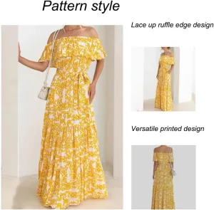 Spevert Women's Dresses for Summer Off Shoulder Boho Floral Ruffle A Line Dresses Beach Long Flowy Dresses with Pocket