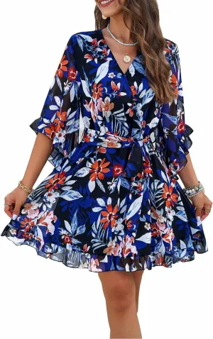 Spring Dresses for Women 2024, Women's Floral Boho V Neck Mini A-Line Dresses Summer Casual Flowy Ruffle Chiffon Dress