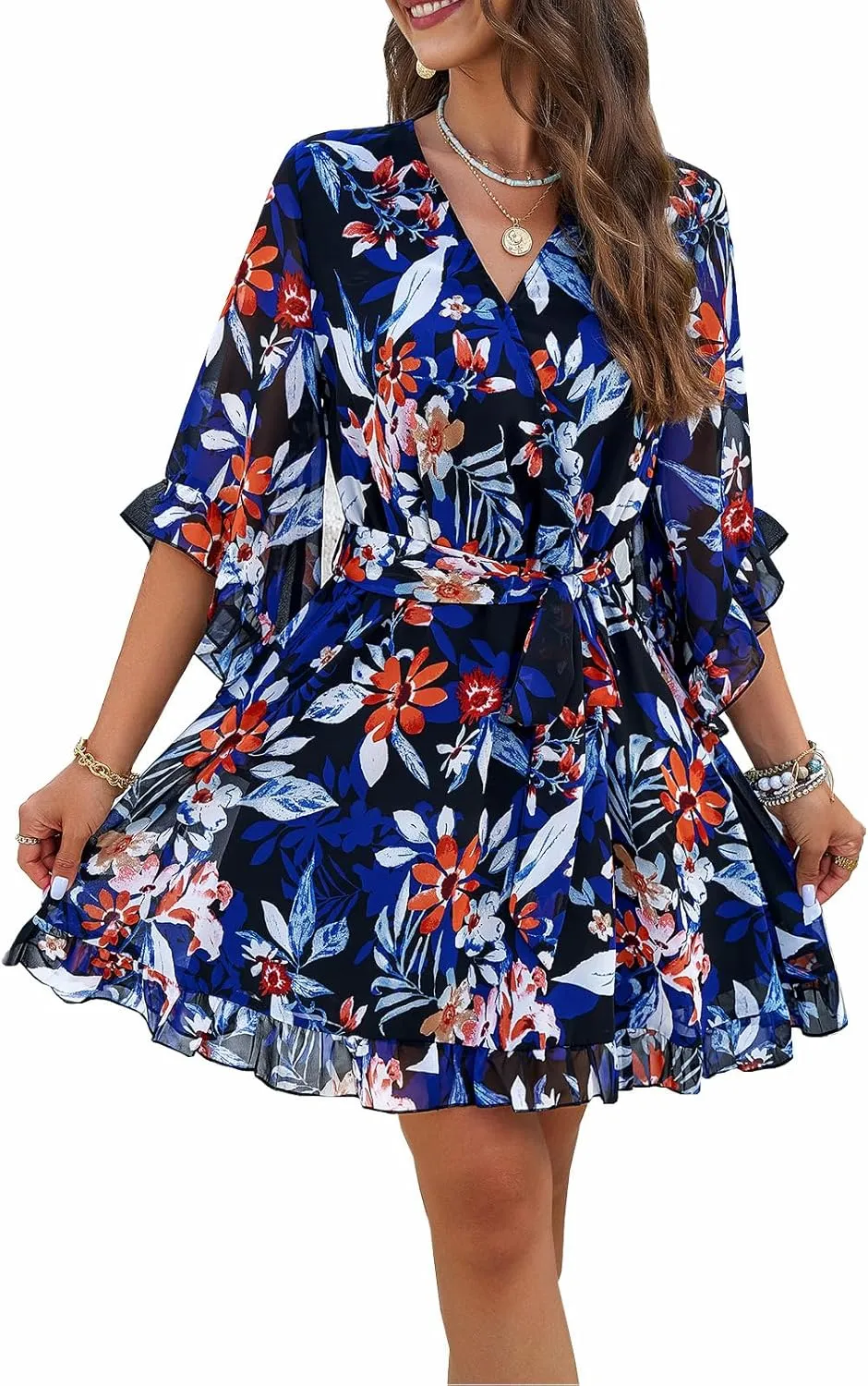 Spring Dresses for Women 2024, Women's Floral Boho V Neck Mini A-Line Dresses Summer Casual Flowy Ruffle Chiffon Dress