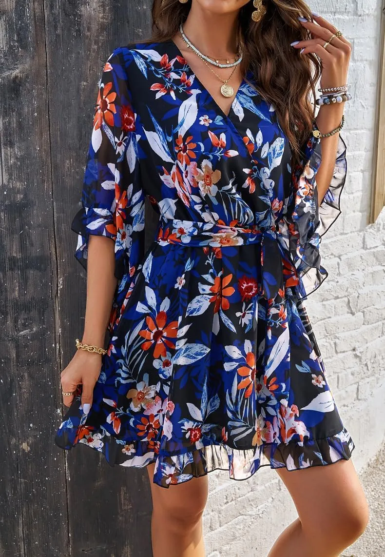 Spring Dresses for Women 2024, Women's Floral Boho V Neck Mini A-Line Dresses Summer Casual Flowy Ruffle Chiffon Dress