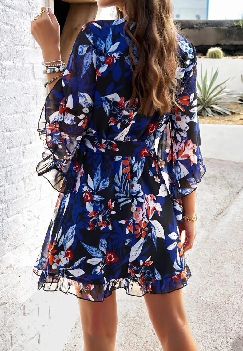 Spring Dresses for Women 2024, Women's Floral Boho V Neck Mini A-Line Dresses Summer Casual Flowy Ruffle Chiffon Dress