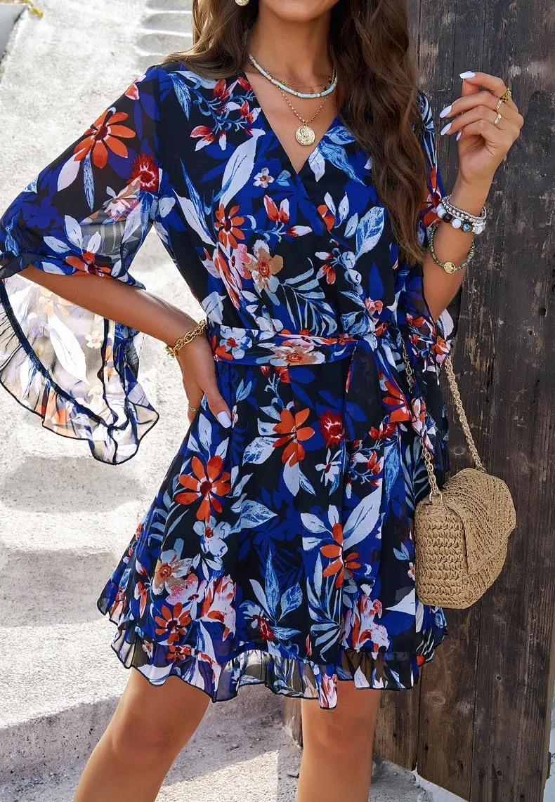 Spring Dresses for Women 2024, Women's Floral Boho V Neck Mini A-Line Dresses Summer Casual Flowy Ruffle Chiffon Dress