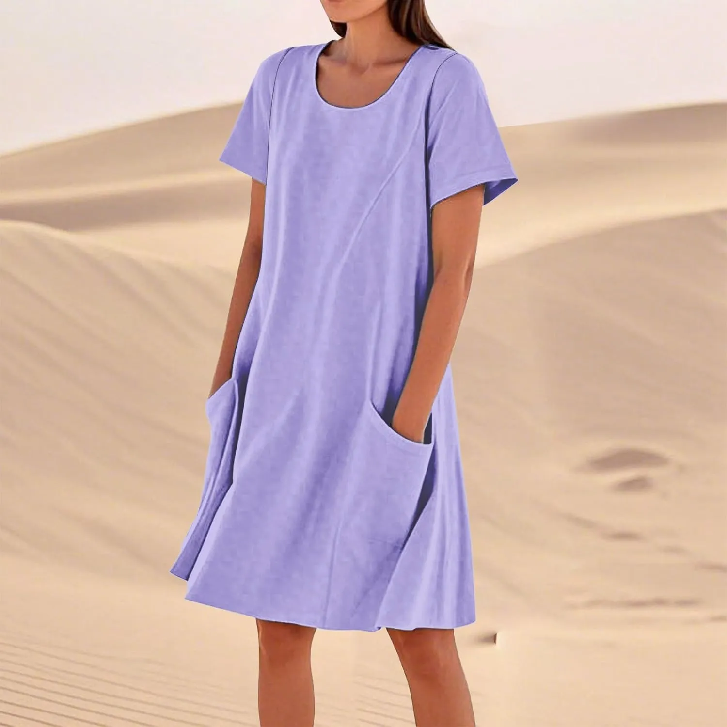 Spring Dresses for Women 2025 Short Sleeve Beach U Neck T Shirt Dress Knee Length Fashion Summer Basic Vacation Outfits