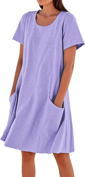 Spring Dresses for Women 2025 Short Sleeve Beach U Neck T Shirt Dress Knee Length Fashion Summer Basic Vacation Outfits