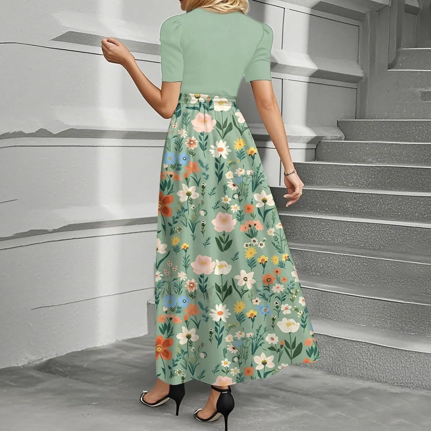 Spring Dresses for Women 2025 Women's Casual Short Sleeves Maxi Dress with High Waist Perfect for Parties and Weddings