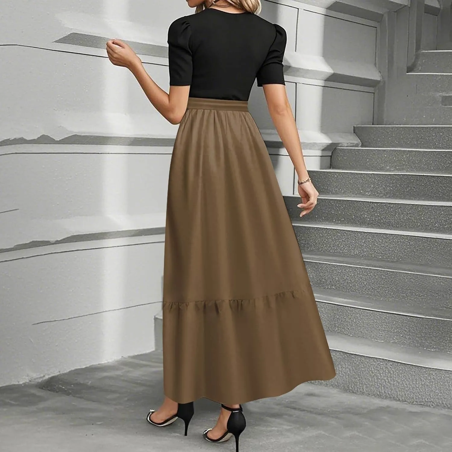Spring Dresses for Women 2025 Women's Casual Short Sleeves Maxi Dress with High Waist Perfect for Parties and Weddings