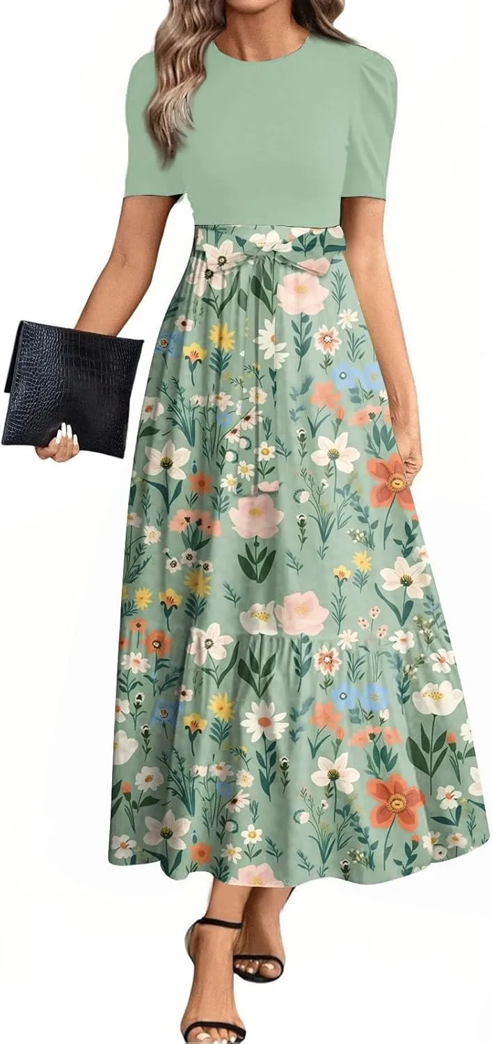 Spring Dresses for Women 2025 Women's Casual Short Sleeves Maxi Dress with High Waist Perfect for Parties and Weddings