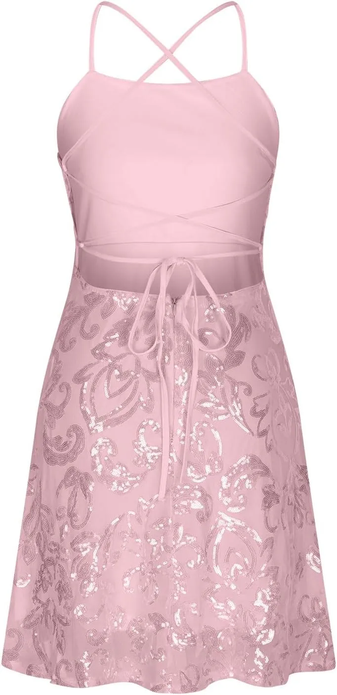 Spring Summer New Dresses for Women Sparkly Spaghetti Strap Padded Casual Dress Slim Pleated Mini Dress