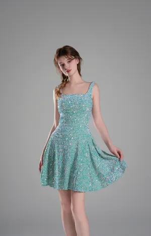 Square-Neck Wide Straps Sequins Pleated Dresses