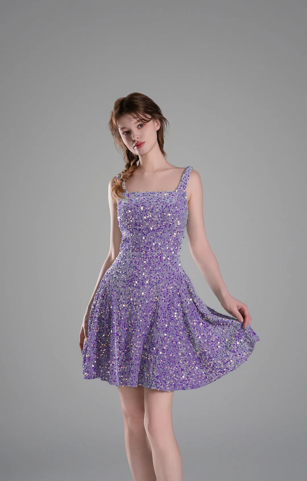 Square-Neck Wide Straps Sequins Pleated Dresses