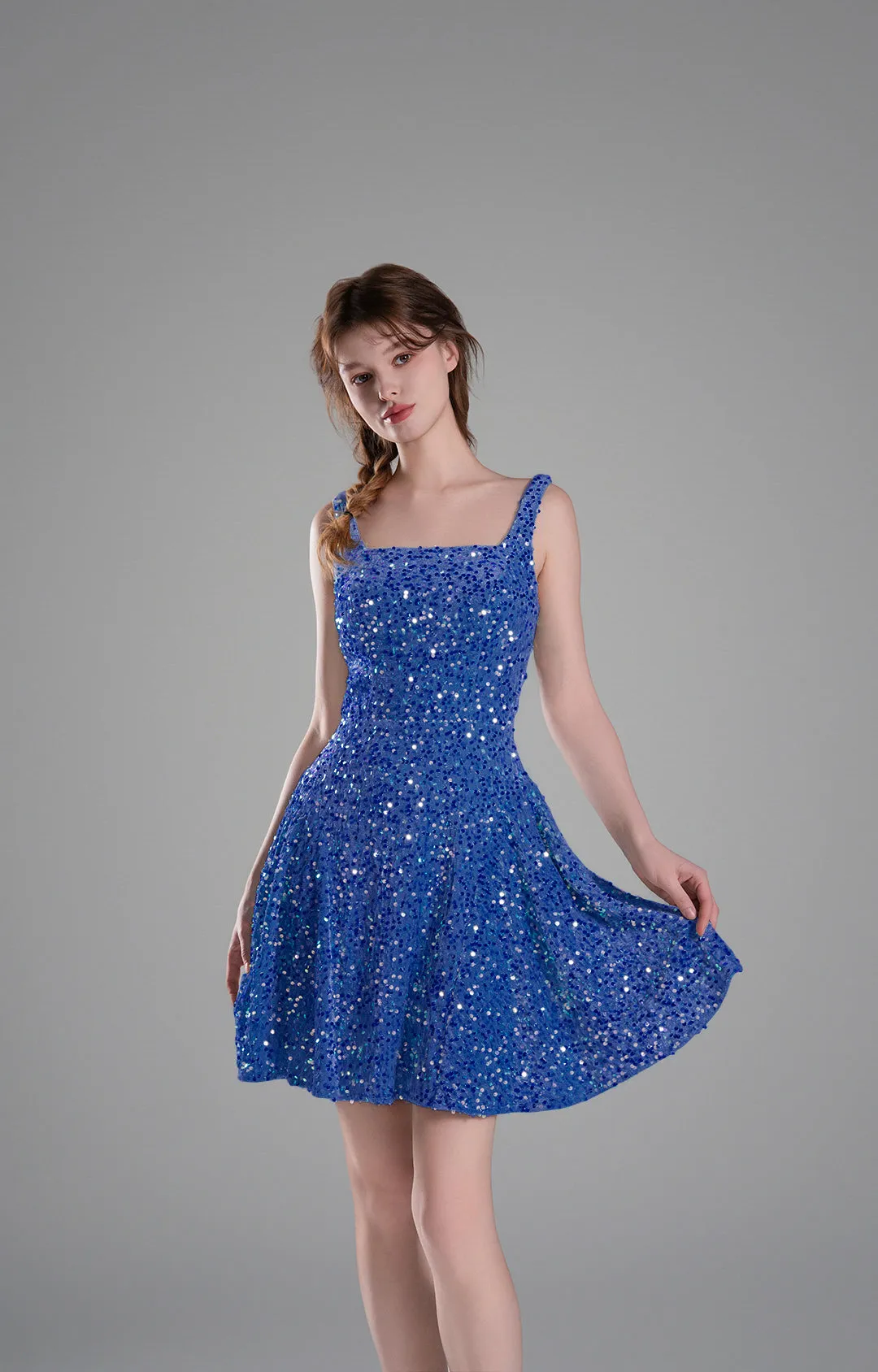 Square-Neck Wide Straps Sequins Pleated Dresses