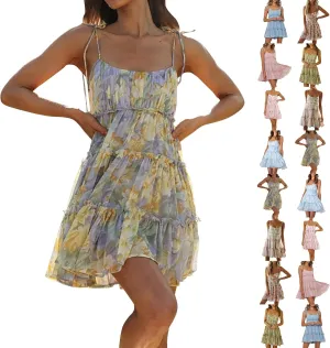 Summer Boho Mini Dresses for Women 2025 Casual Floral Short Chiffon Dress Pleated Flowy Tiered Ruffle Dress Sundresses