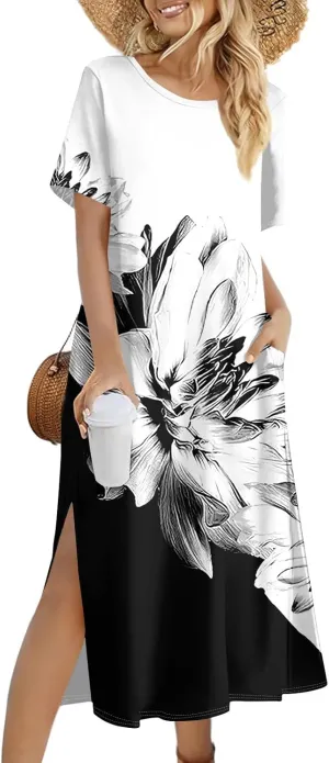 Summer Dress Short Sleeve Casual Tunic Maxi Dresses Woman Vacation Beach Split Dress for Women with Pockets
