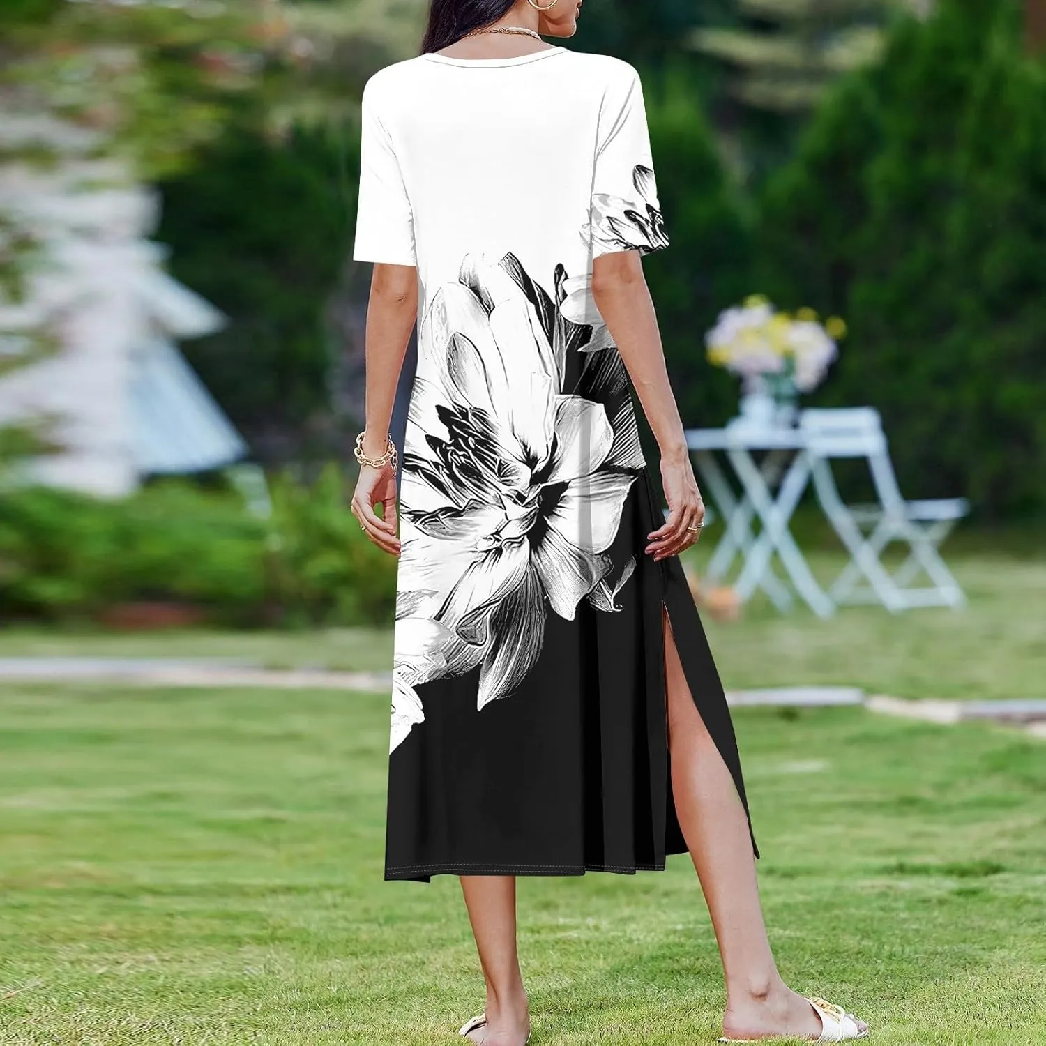 Summer Dress Short Sleeve Casual Tunic Maxi Dresses Woman Vacation Beach Split Dress for Women with Pockets