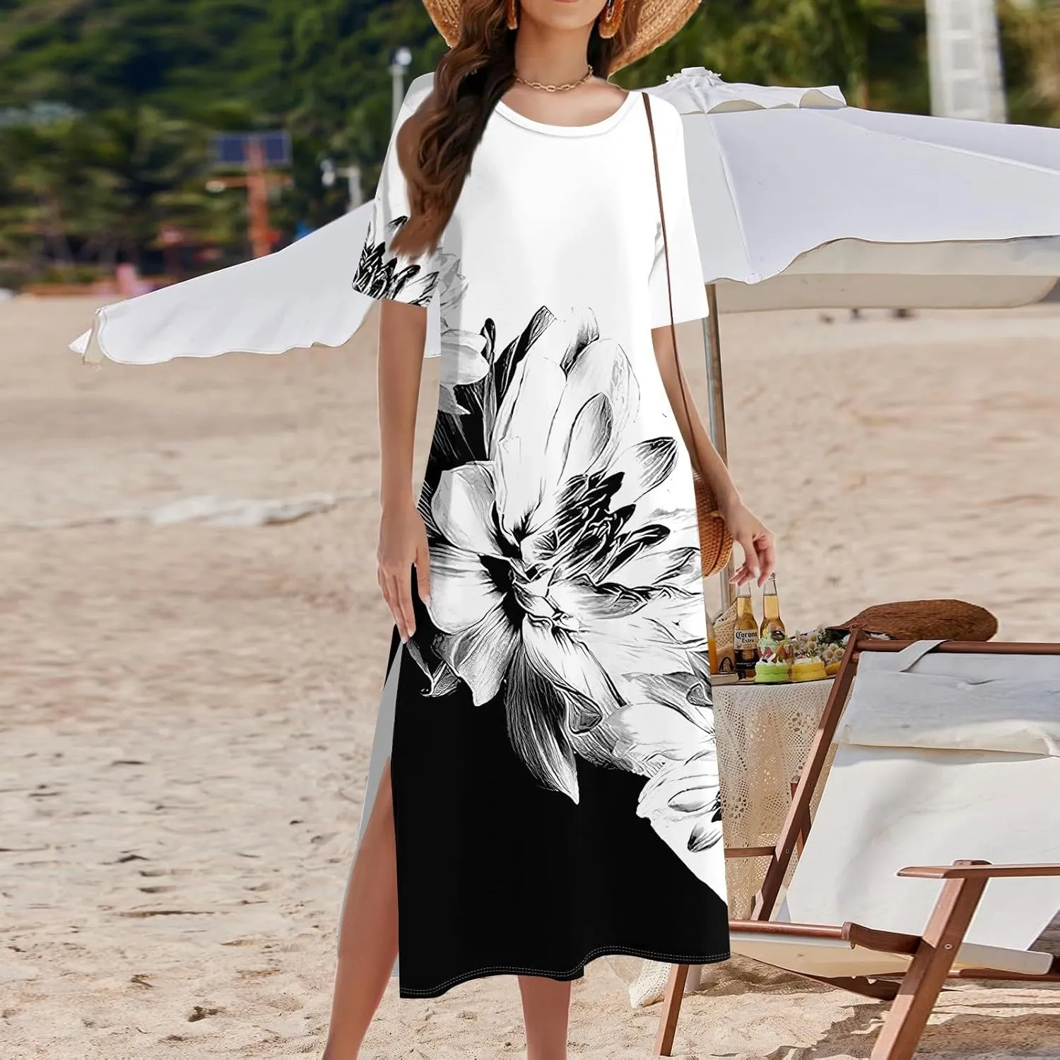 Summer Dress Short Sleeve Casual Tunic Maxi Dresses Woman Vacation Beach Split Dress for Women with Pockets