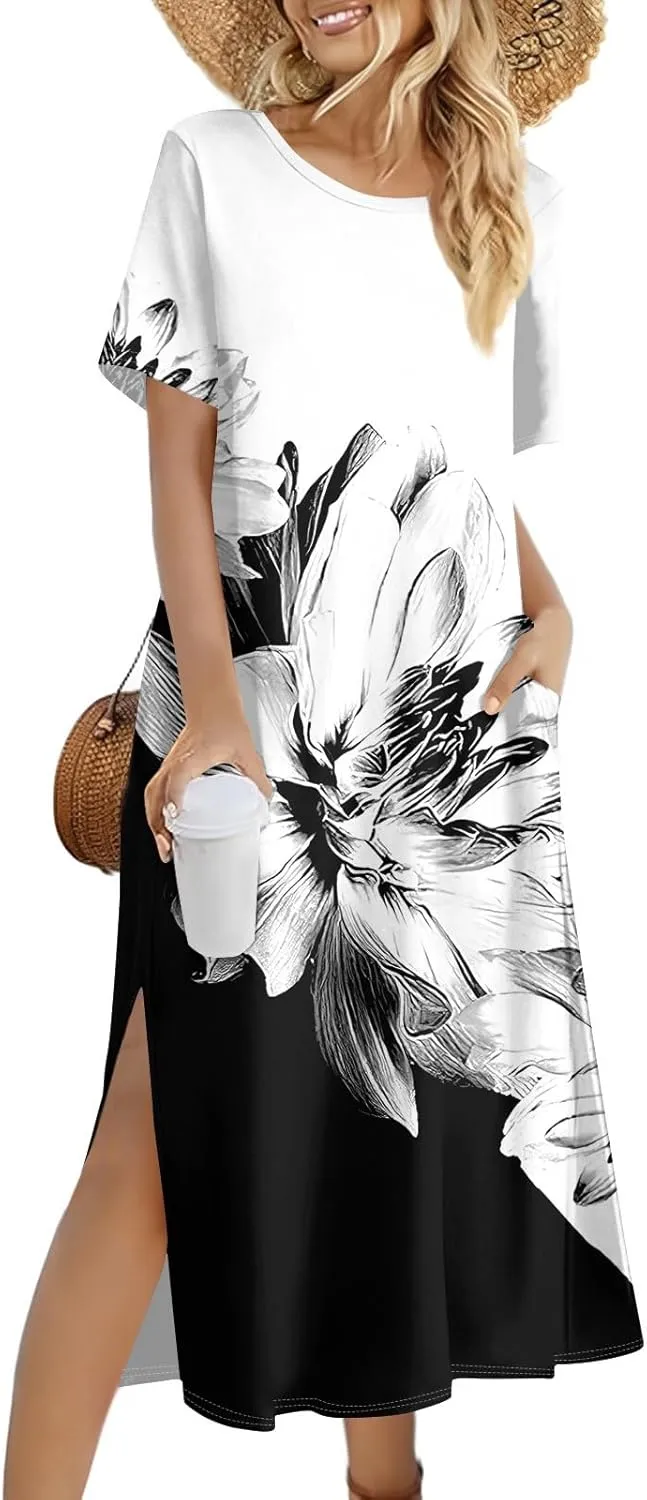 Summer Dress Short Sleeve Casual Tunic Maxi Dresses Woman Vacation Beach Split Dress for Women with Pockets