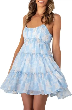 Summer Dresses for Teens 2025 Cute Spaghetti Strap Backless Floral Mini Dress Flowy Vacation Tiered Ruffle Sundress