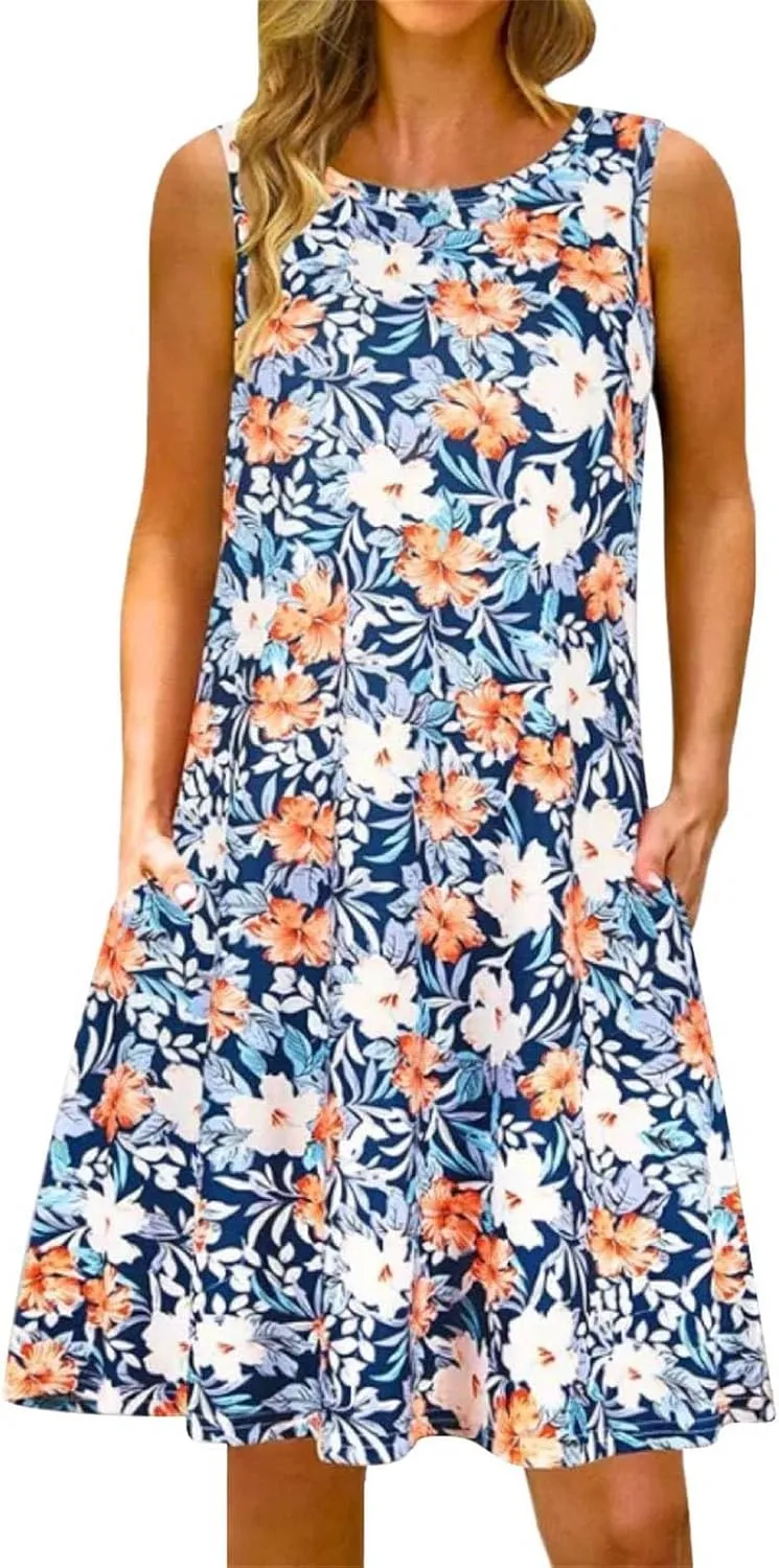Summer Dresses for Women 2024 Casual Sleeveless Boho Floral Petite Sundress Plus Size Vacation Flowy Midi Dress