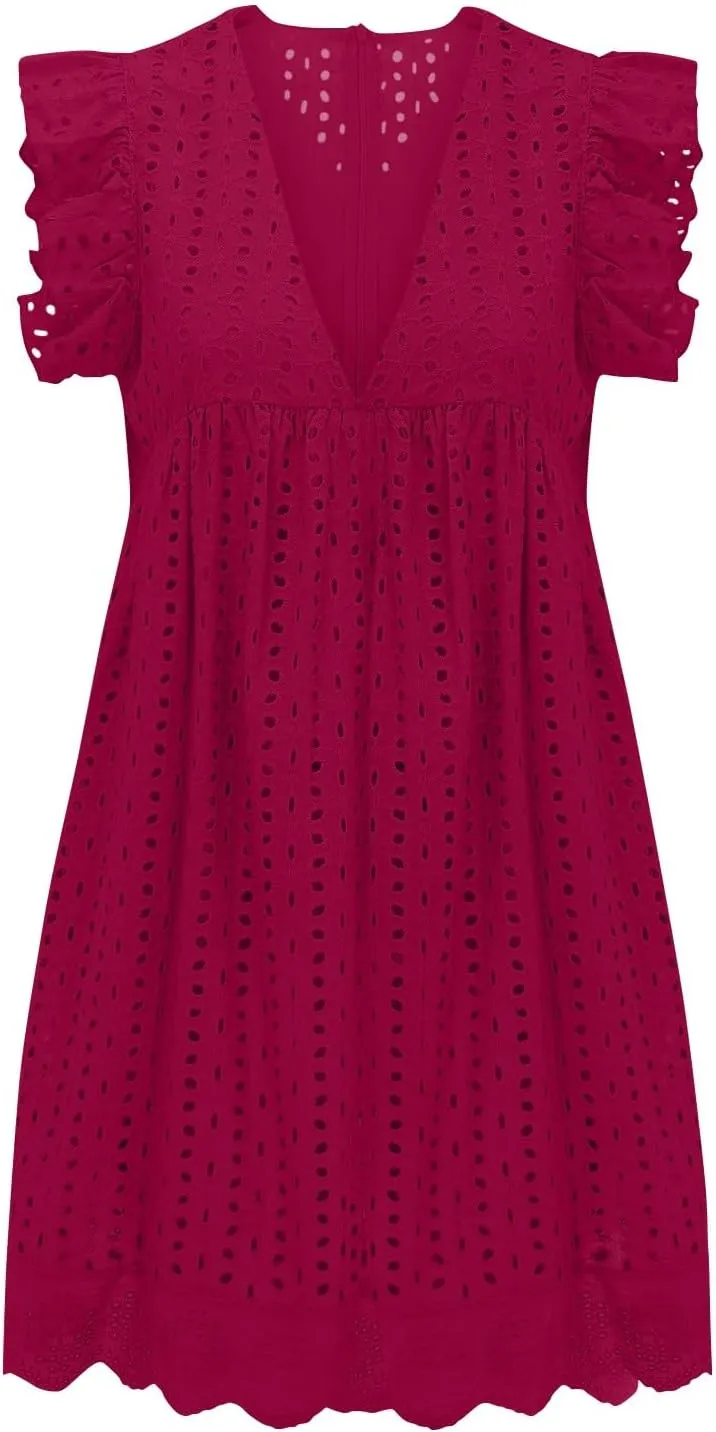 Summer Dresses for Women 2024 Casual Sleeveless V Neck Ruffle Beach Vacation Sundresses Cute Flowy Mini Dress