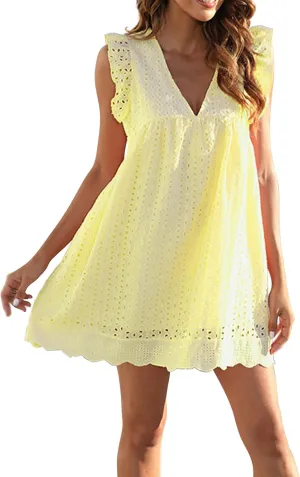 Summer Dresses for Women 2024 Casual Sleeveless V Neck Ruffle Beach Vacation Sundresses Cute Flowy Mini Dress