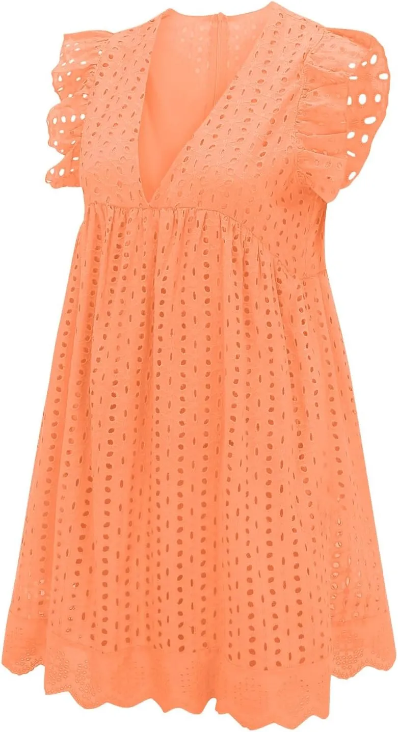 Summer Dresses for Women 2024 Casual Sleeveless V Neck Ruffle Beach Vacation Sundresses Cute Flowy Mini Dress