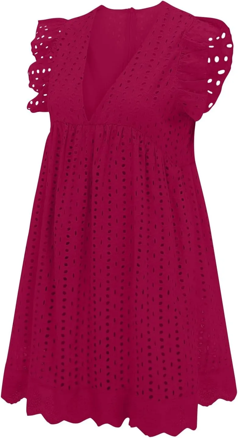 Summer Dresses for Women 2024 Casual Sleeveless V Neck Ruffle Beach Vacation Sundresses Cute Flowy Mini Dress