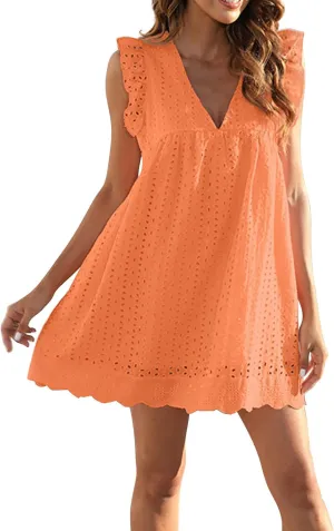 Summer Dresses for Women 2024 Casual Sleeveless V Neck Ruffle Beach Vacation Sundresses Cute Flowy Mini Dress