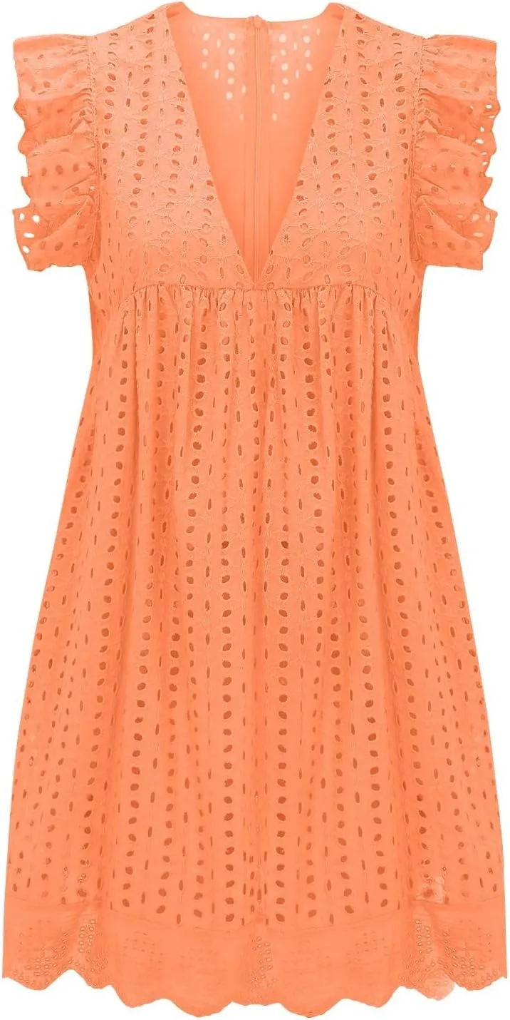 Summer Dresses for Women 2024 Casual Sleeveless V Neck Ruffle Beach Vacation Sundresses Cute Flowy Mini Dress
