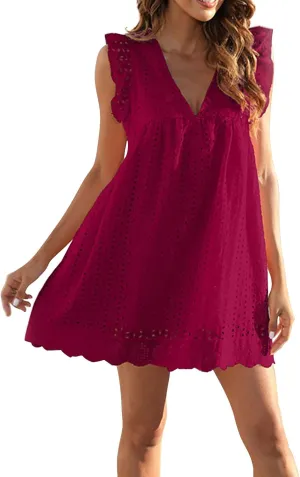 Summer Dresses for Women 2024 Casual Sleeveless V Neck Ruffle Beach Vacation Sundresses Cute Flowy Mini Dress