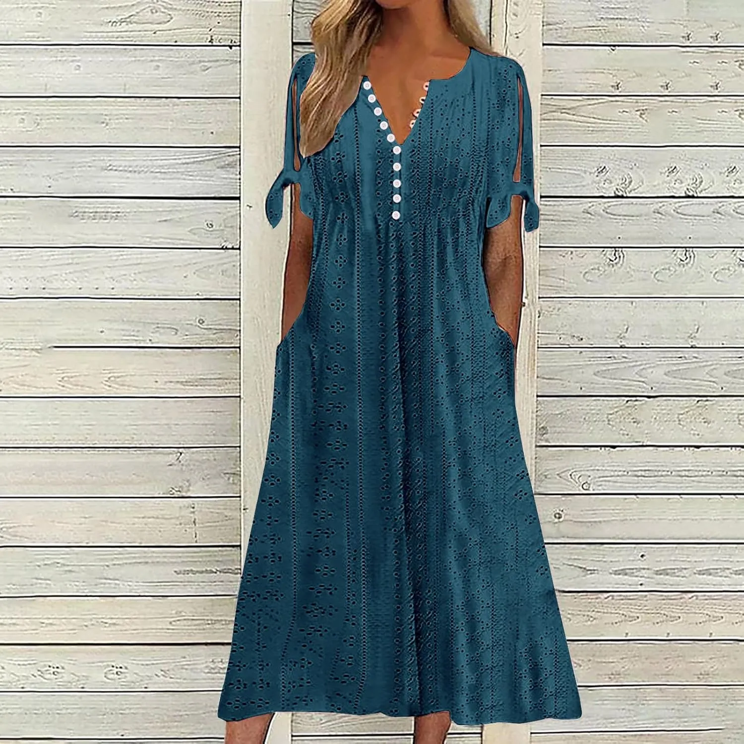 Summer Dresses for Women 2024 Casual V Neck Eyelet Boho Maxi Dresses Trendy Short Sleeve Beach Vacation Outfits with Pocket
