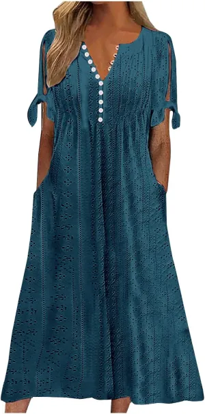 Summer Dresses for Women 2024 Casual V Neck Eyelet Boho Maxi Dresses Trendy Short Sleeve Beach Vacation Outfits with Pocket